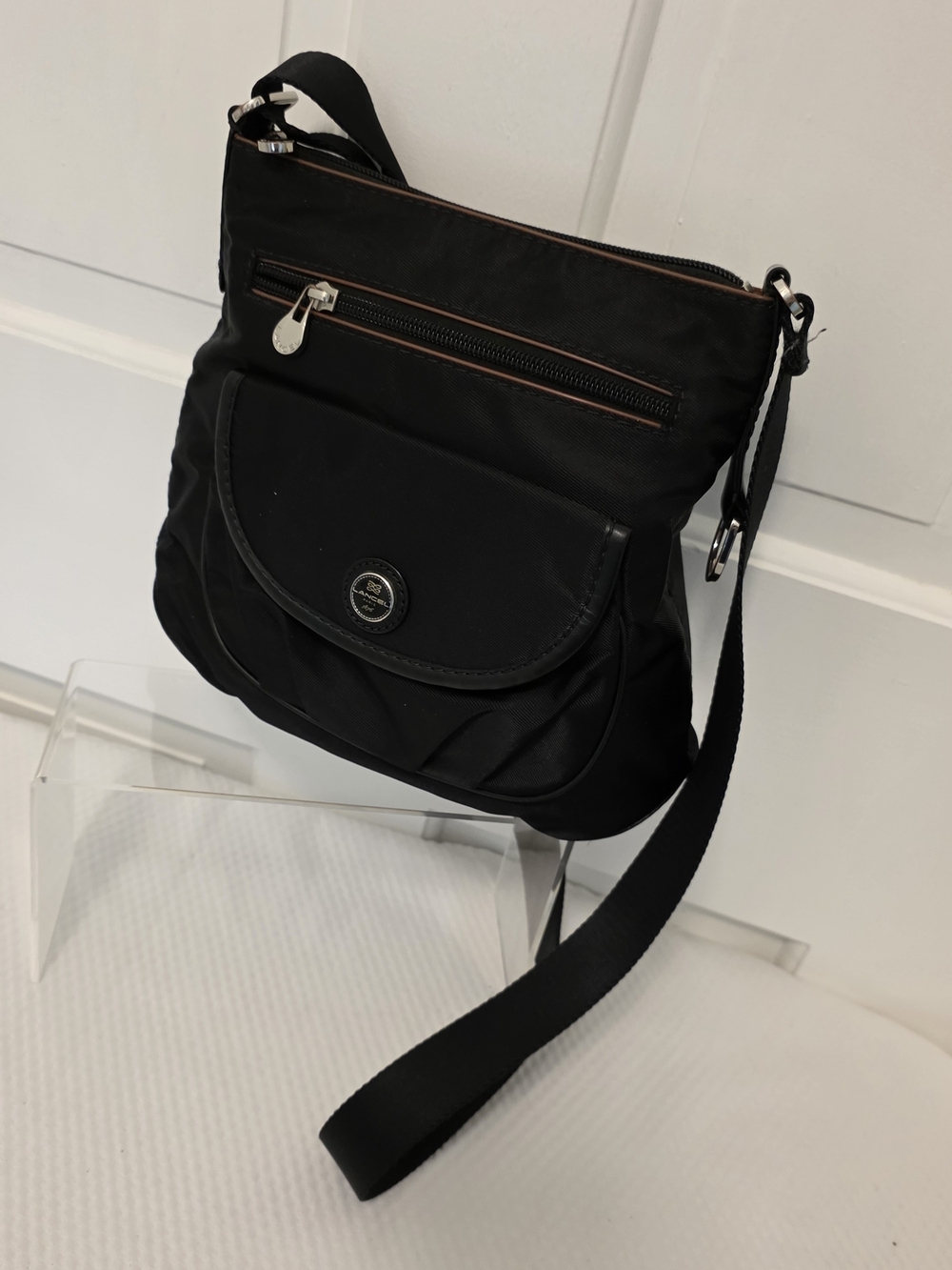 Lancel Paris Black Nylon Crossbody Bag with Front Flap & Zip Pockets Lightweight